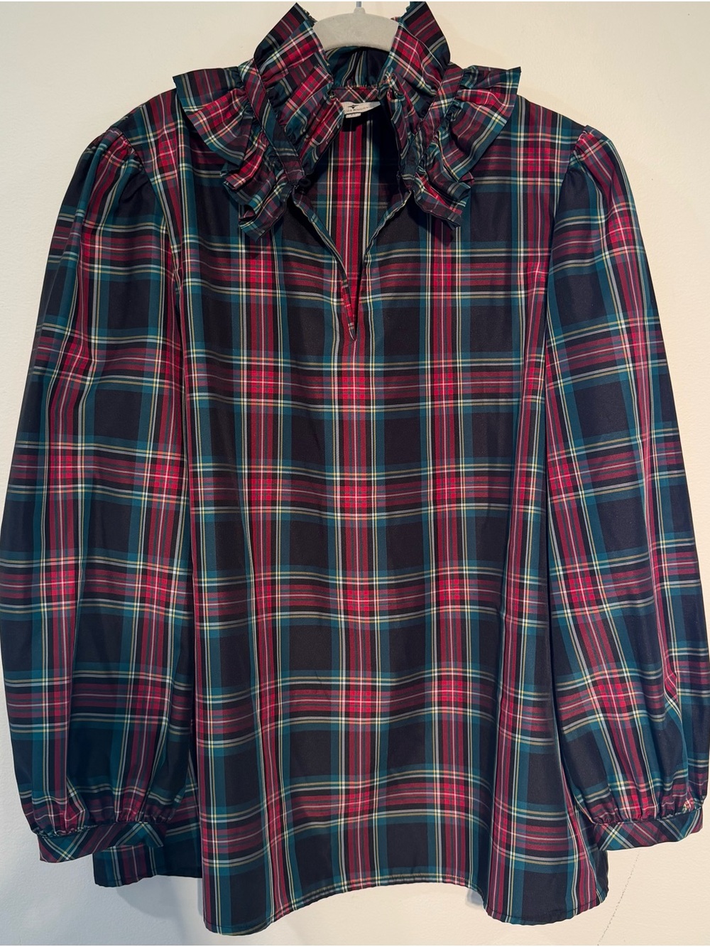 Tuckernuck Navy and Red Plaid Ruffle-Neck Long Sleeve Blouse